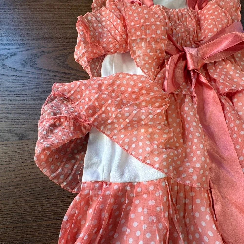Candies‎ Girls Dress S Coral Pink Polka Dot Tiered Pleated Rosette Accent
